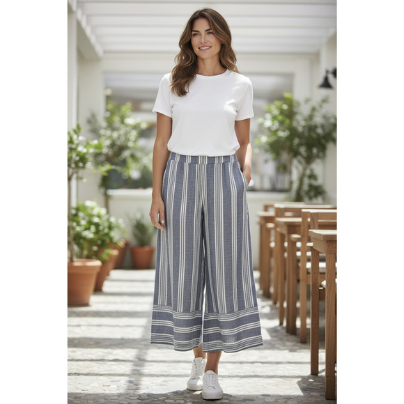 NWT Pink Rose Linen Cotton Wide Leg Pants Blue Striped Beachy Lagonlook Large - Picture 10 of 10